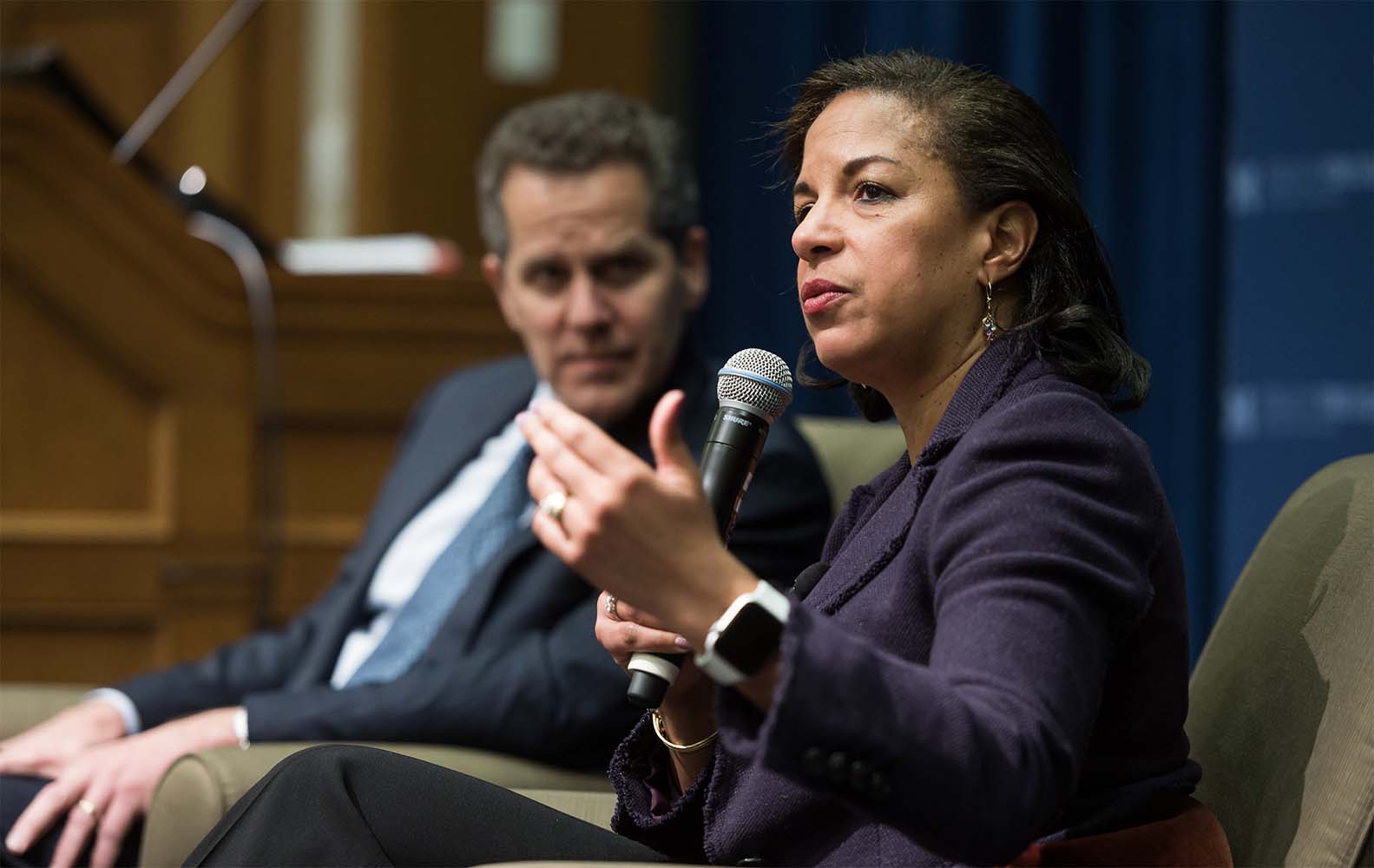 Photo of former United Nations Ambassador and former U.S. National Security Advisor Susan Rice in conversation with Ford School Dean Michael S. Barr 