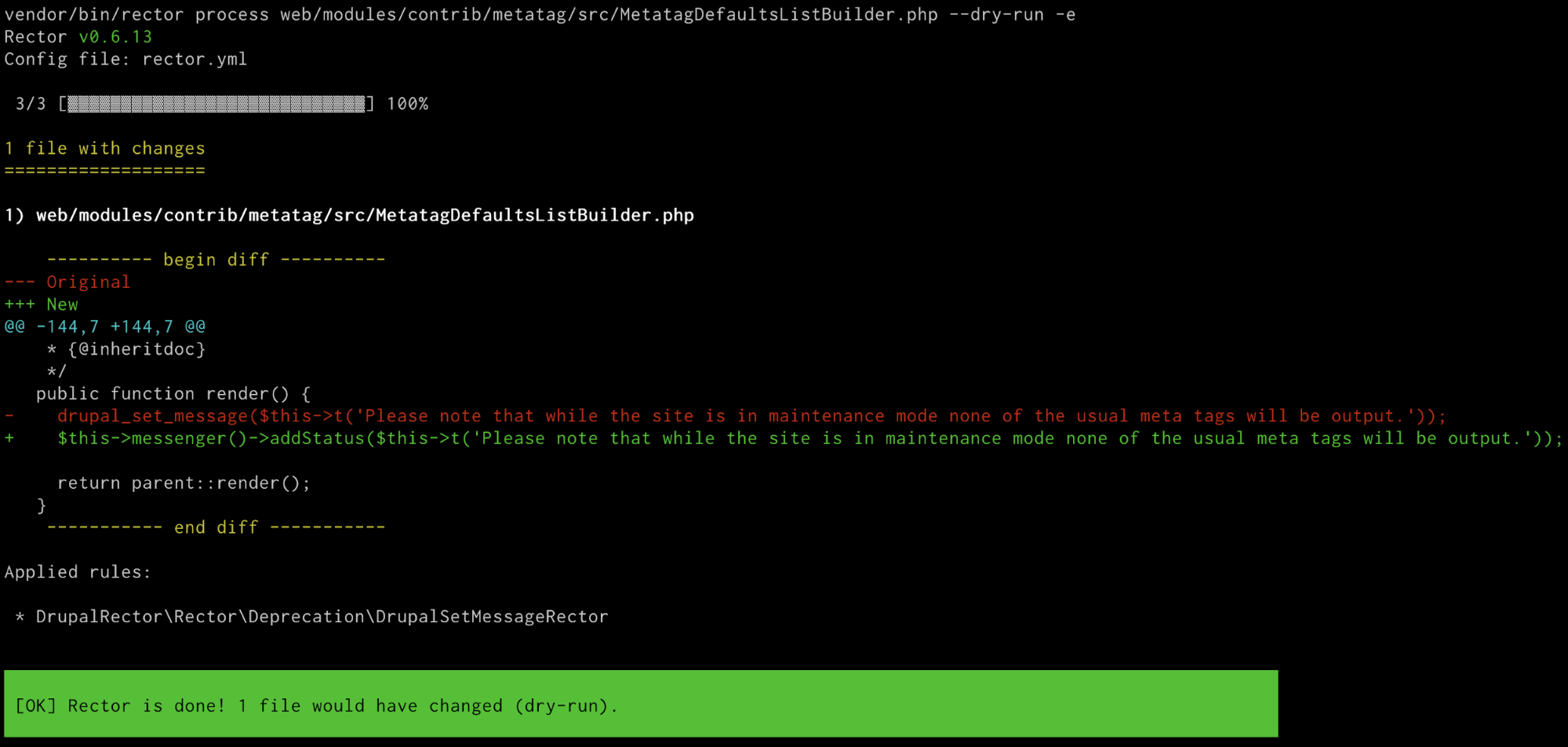 Image of terminal window running composer command for drupal-rector