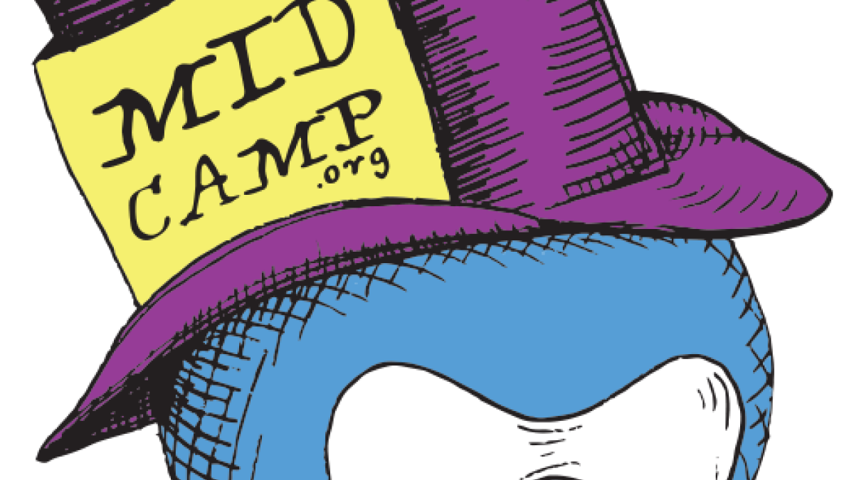 Image of a Druplicon wearing a top hat and spotted bow time with a card in its hat reading "Midcamp.org"