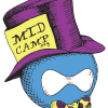 Image of a Druplicon wearing a top hat and spotted bow time with a card in its hat reading "Midcamp.org"