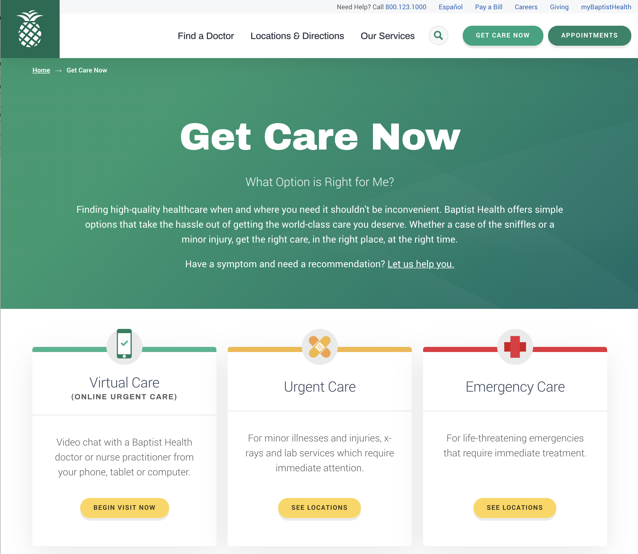 Image of "Get Care Now" page with prominent callouts for "Virtual Care", "Urgent Care" and "Emergency Care"