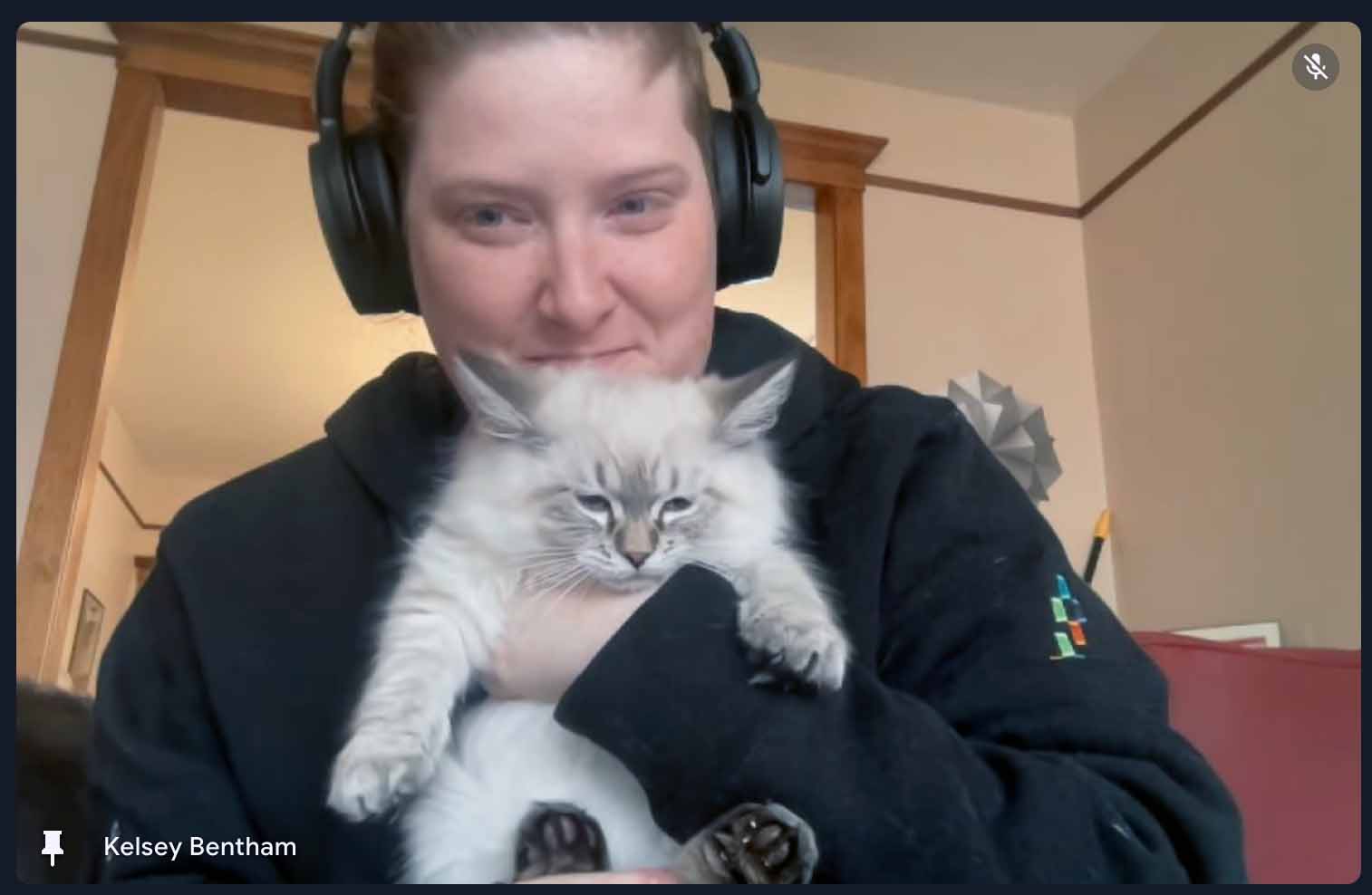 Kelsey on a video call with her cat, Boimler
