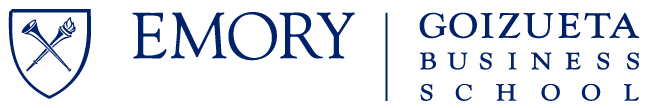 Emory Goizueta Business School logo featuring a blue shield with a crossed torch and horn on the left, followed by 'EMORY' in large blue letters, a veritcal line, and 'GOIZUETA BUSINESS SCHOOL' below in spaced lettering.