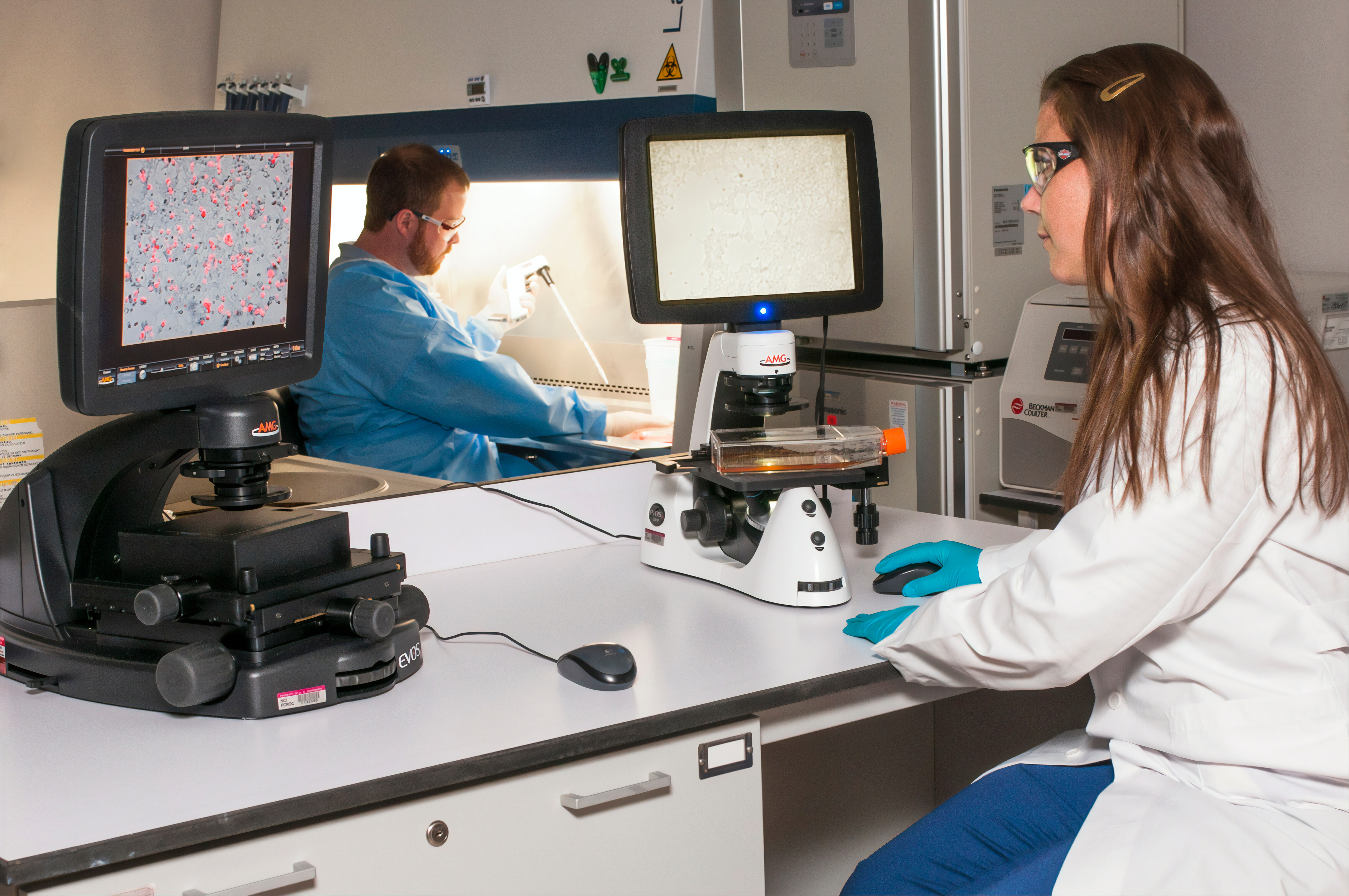 Two healthcare professionals sitting at computer monitors