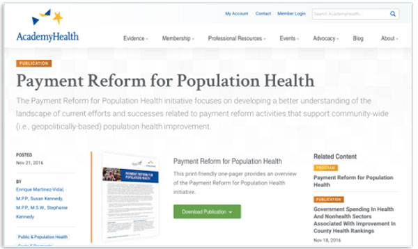 A publication page for AcademyHealth, with related content given prominent location.