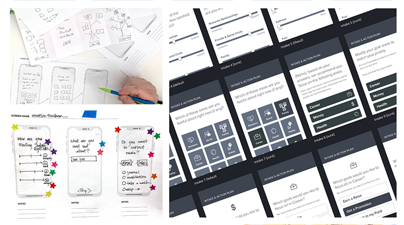 Prototyping the app, represented as sketches, wireframes, and working mobile prototype