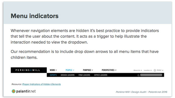 An illustration of best practices in menu design, as applied to the Perkins + Will site.