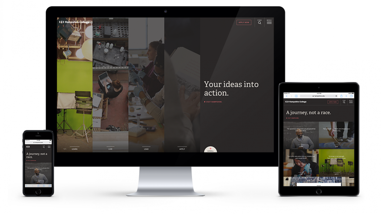 Hampshire College's site displayed on various devices to showcase the responsive design.