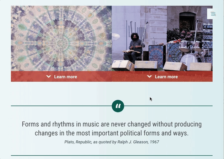 Collapsible content displayed on the “Summer of Love” site, one of the Digital Stories for the de Young Museum