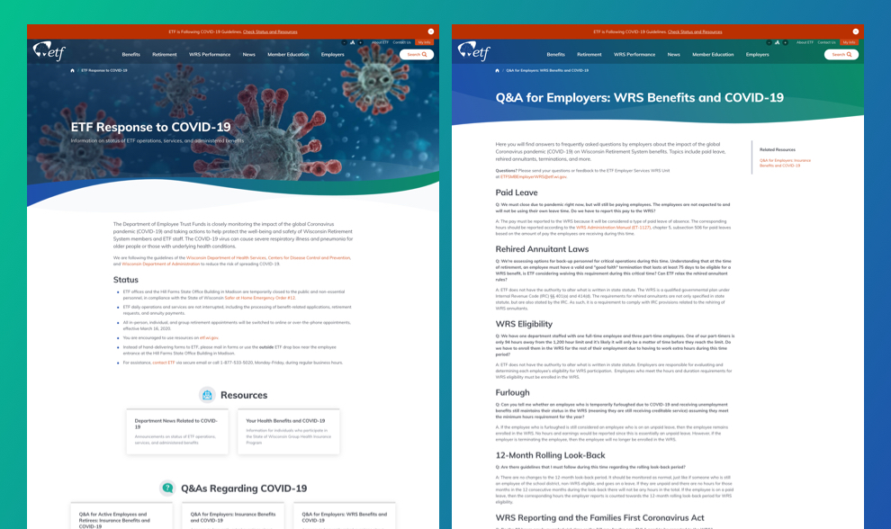 Screenshot of ETF's Q&A for Emploers: WRS Benefits and COVID-19 page