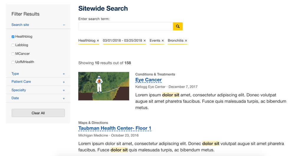 sitewide search results page from prototype