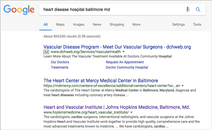 Figure 4: Google search with “heart disease hospital baltimore md”