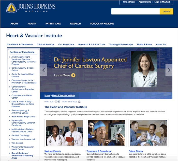 Figure 5: Johns Hopkins Heart & Vascular Institute landing page