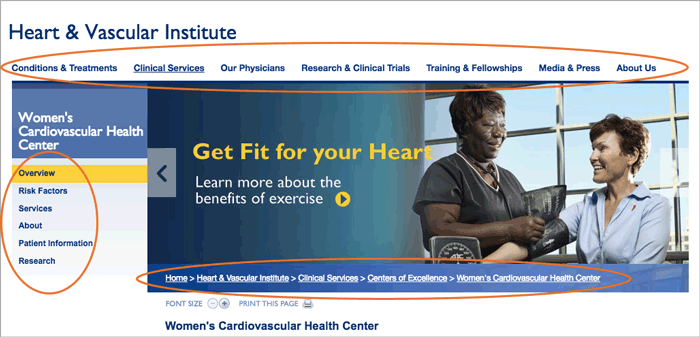 Figure 8: Johns Hopkins Heart & Vascular Institute landing page internal navigations