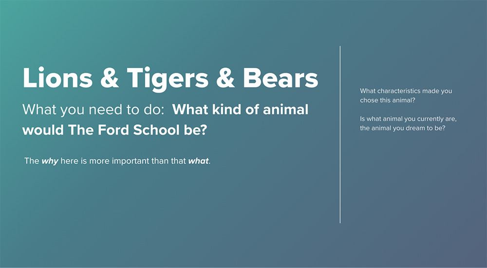 Lions & Tigers & Bears - What you need to do:  What kind of animal would The Ford School be? The why here is more important than that what.