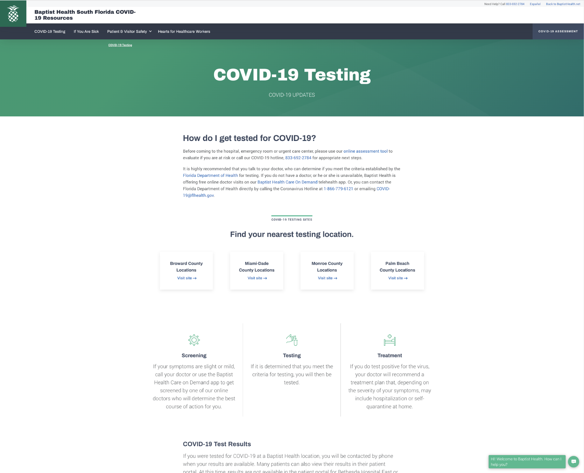 Screenshot of Baptist Health's "COVID-19 Testing" page.