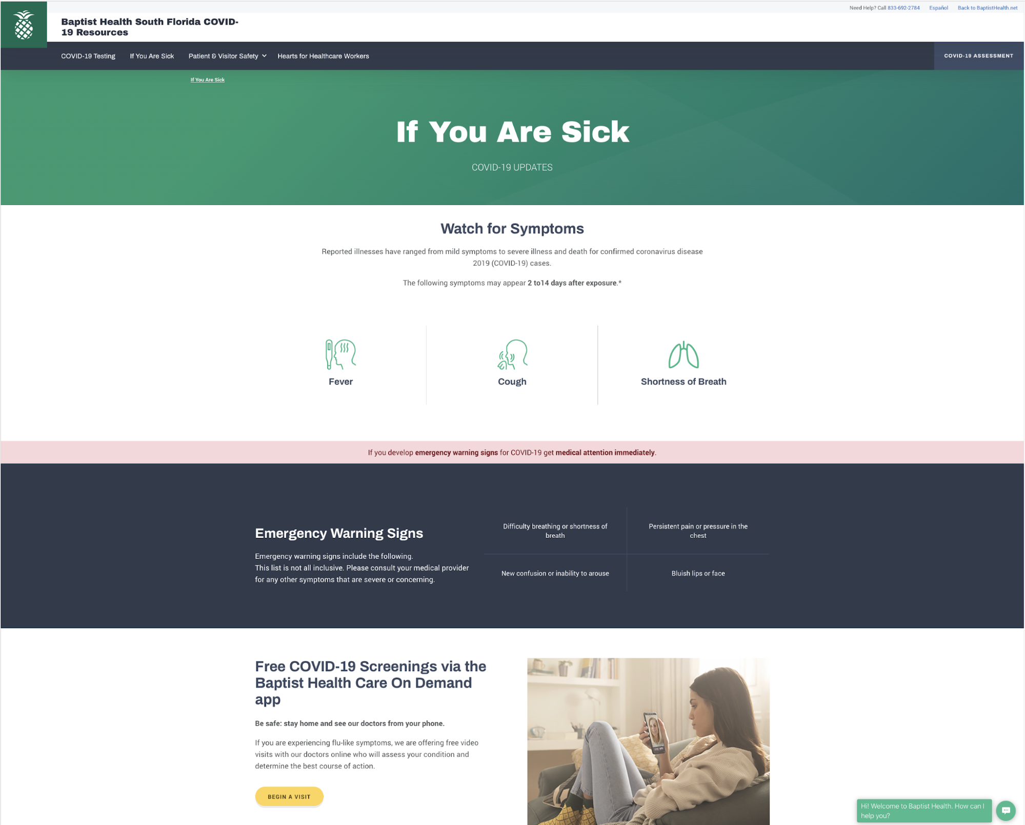 Screenshot of Baptist Health's "If You Are Sick" page.