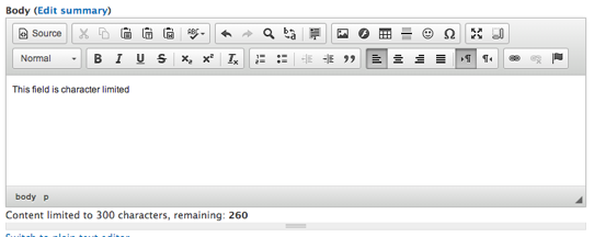 Screenshot of WYSIWYG editor displaying maximum characters.