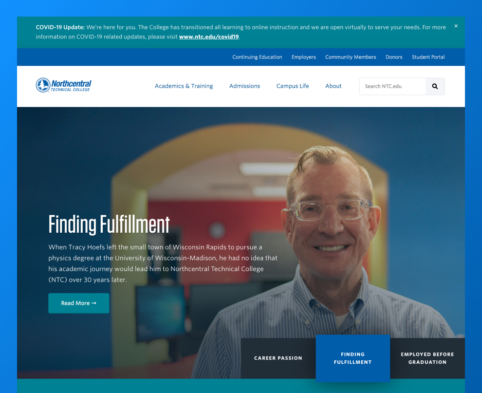 Scfeenshot of Northcentral Technical College's homepage with COVID-19 banner
