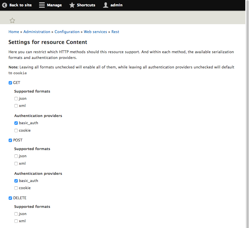 Screenshot of Settings for resource Content