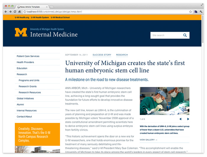 University of Michigan Internal Medicine page displayed in desktop view.