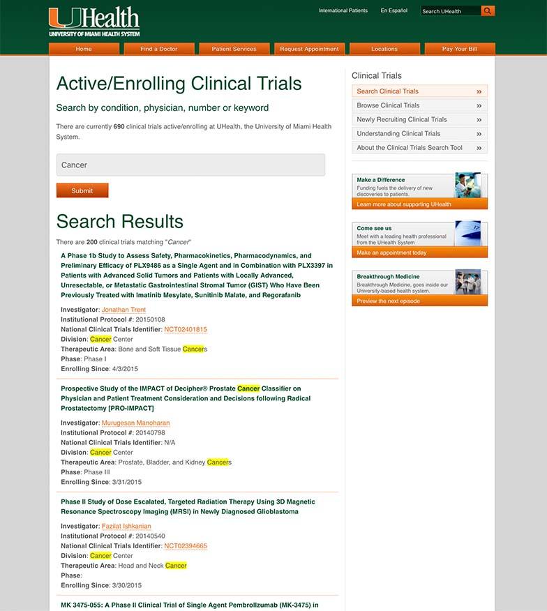 UHealth Clinical Trials page before