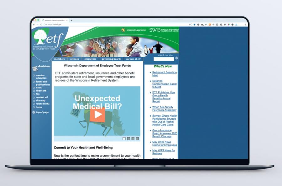 Image of the ETF site before the redesign shown on a laptop