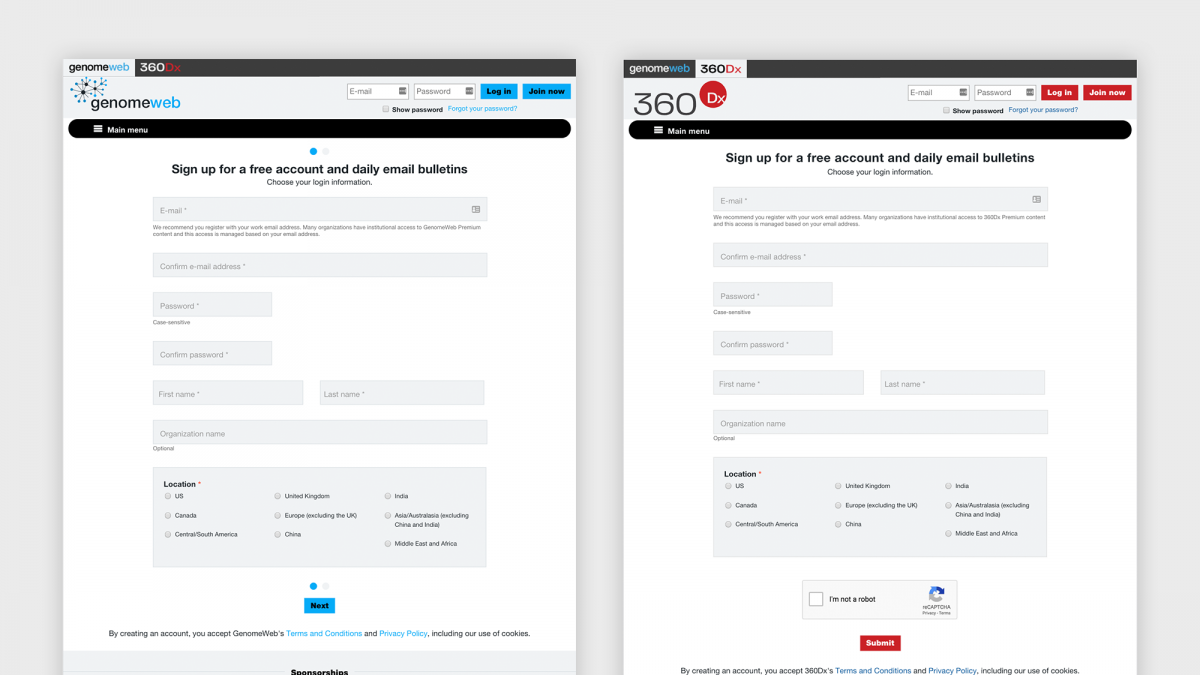 Comparison of the two site's registration forms