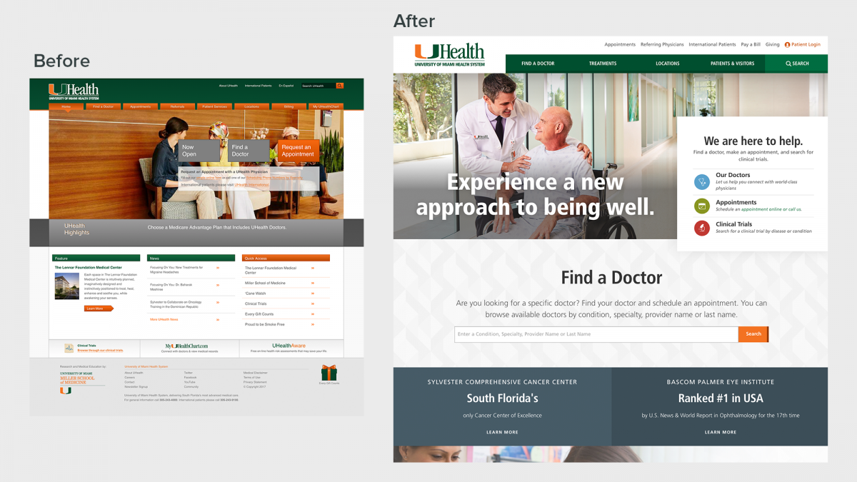 Homepage of UHealth site before and after