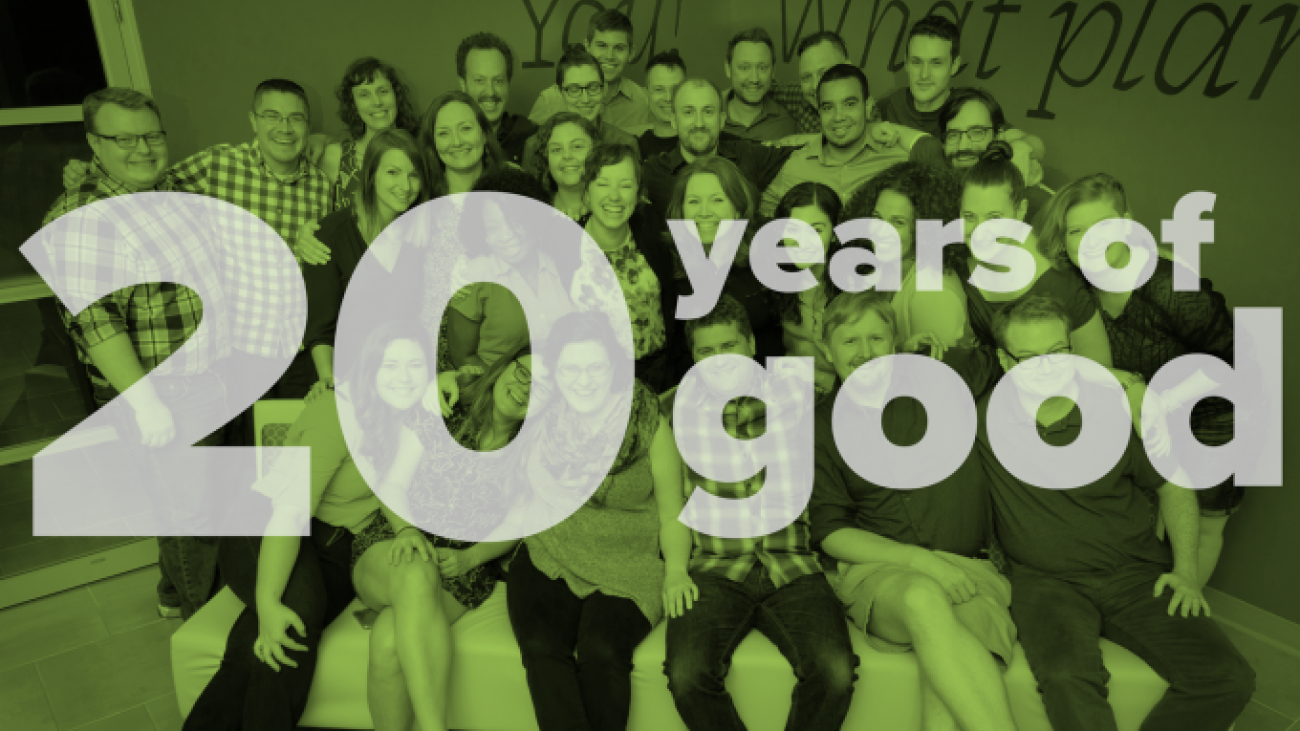Group photo of all Palantir team members with the text "20 years of good"