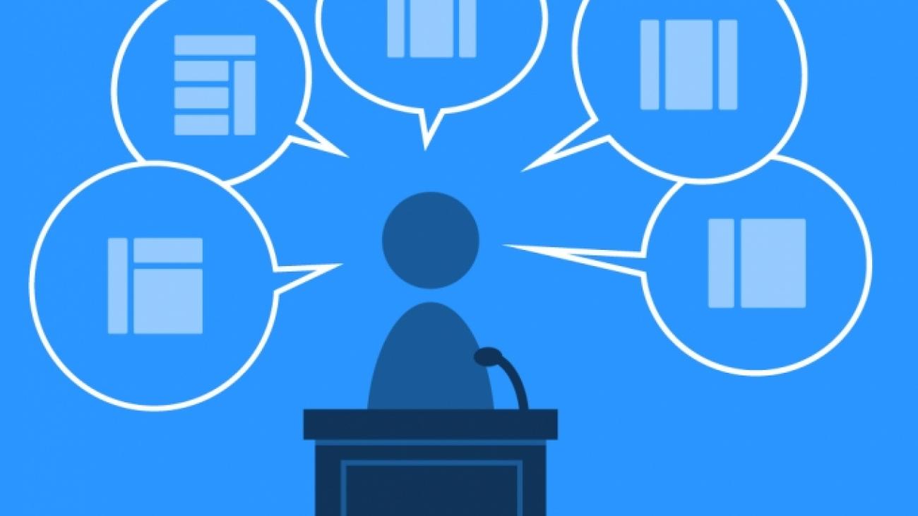 Illustration of silhouette at podium with speech bubbles containing panels