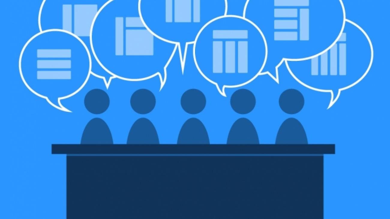 Illustration of silhouettes at counter with speech bubbles containing panels.
