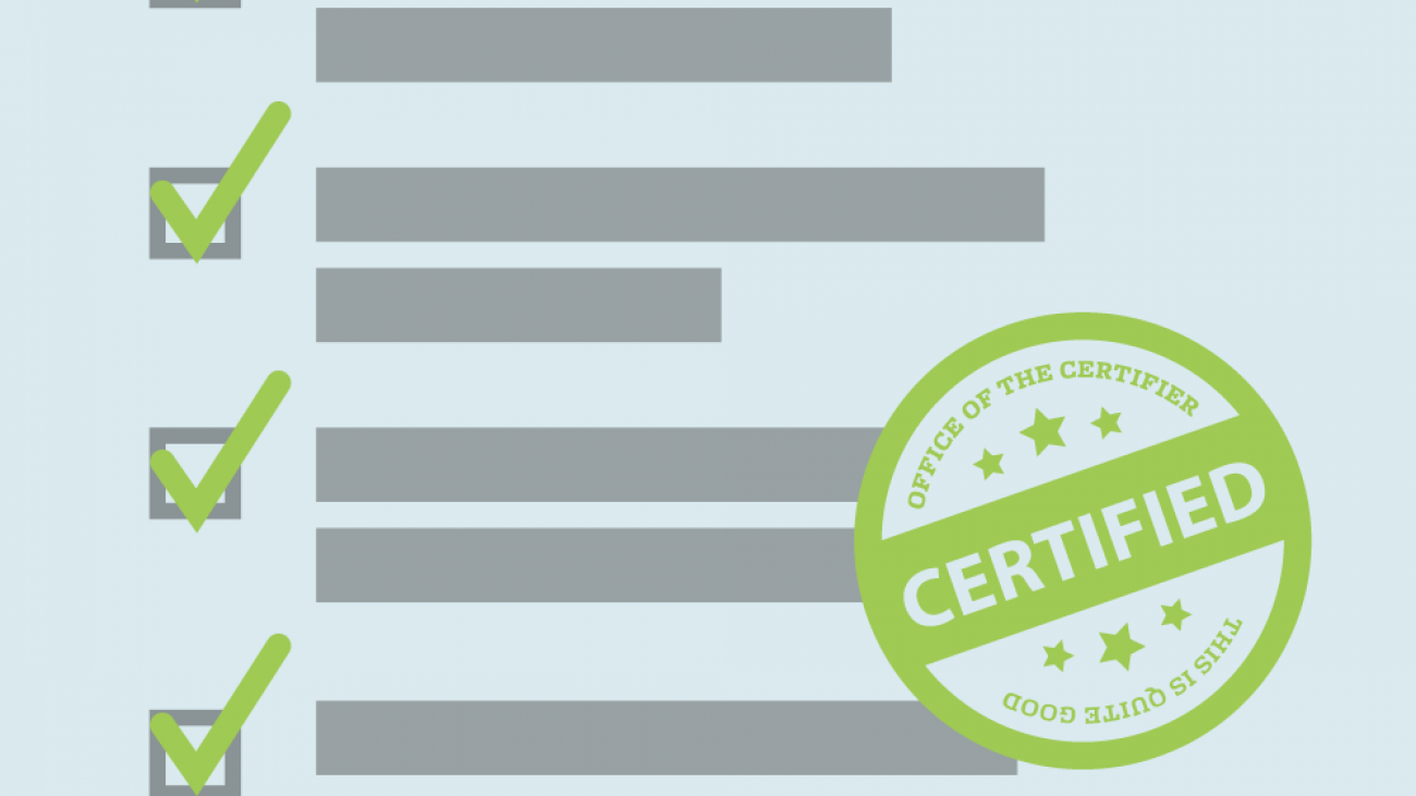 Illustrated check list with badge reading "Certified"