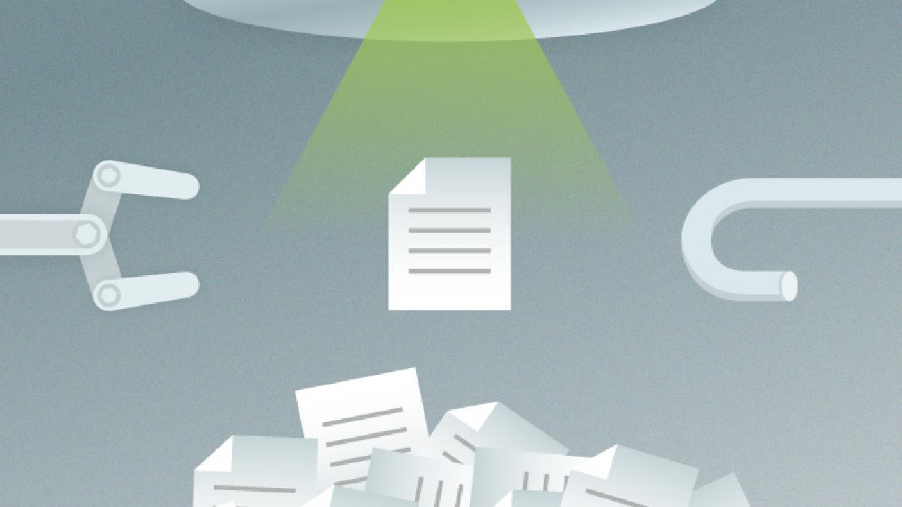Illustrative graphic of spaceship beaming up sheets of paper.