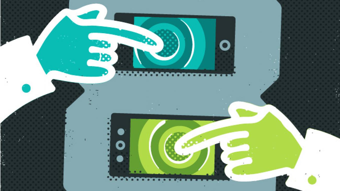 Illustration of the number 8 with two cell phones in the white space and a hand pointing at each cell phone