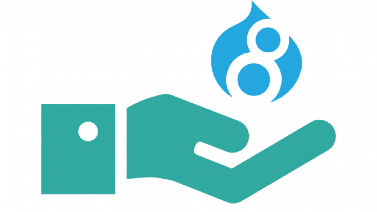 Illustration of hand holding up Drupal 8 logo