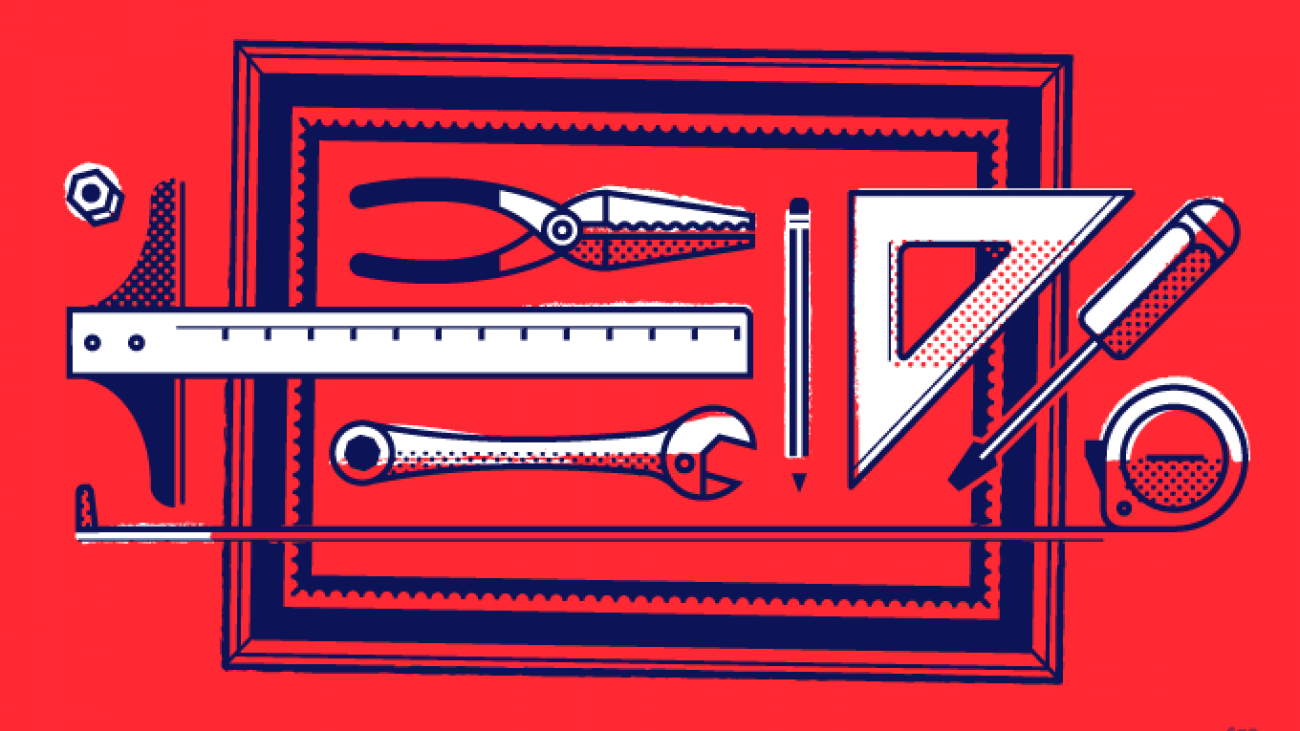 Illustration of various small tools on top of a picture frame