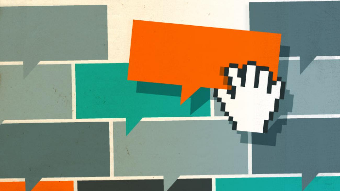 Multi-color speech bubbles in brick format with hand moving one of the bubbles.