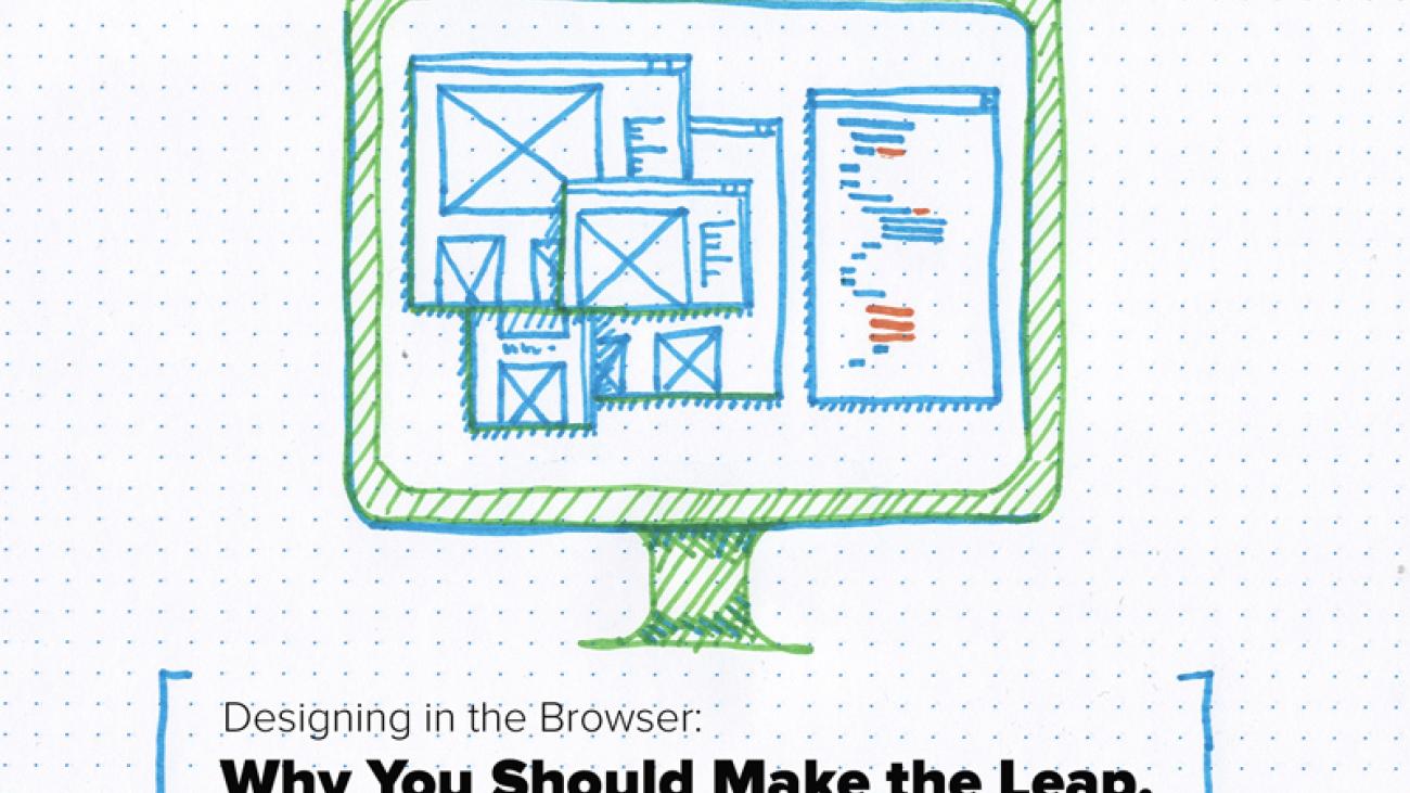 Illustration of computer monitor displaying blue website wireframes