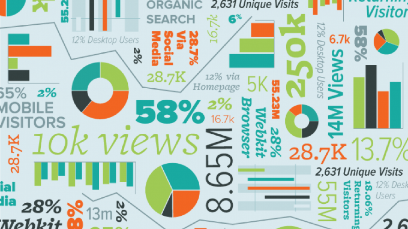 Illustrated collage of website statistics