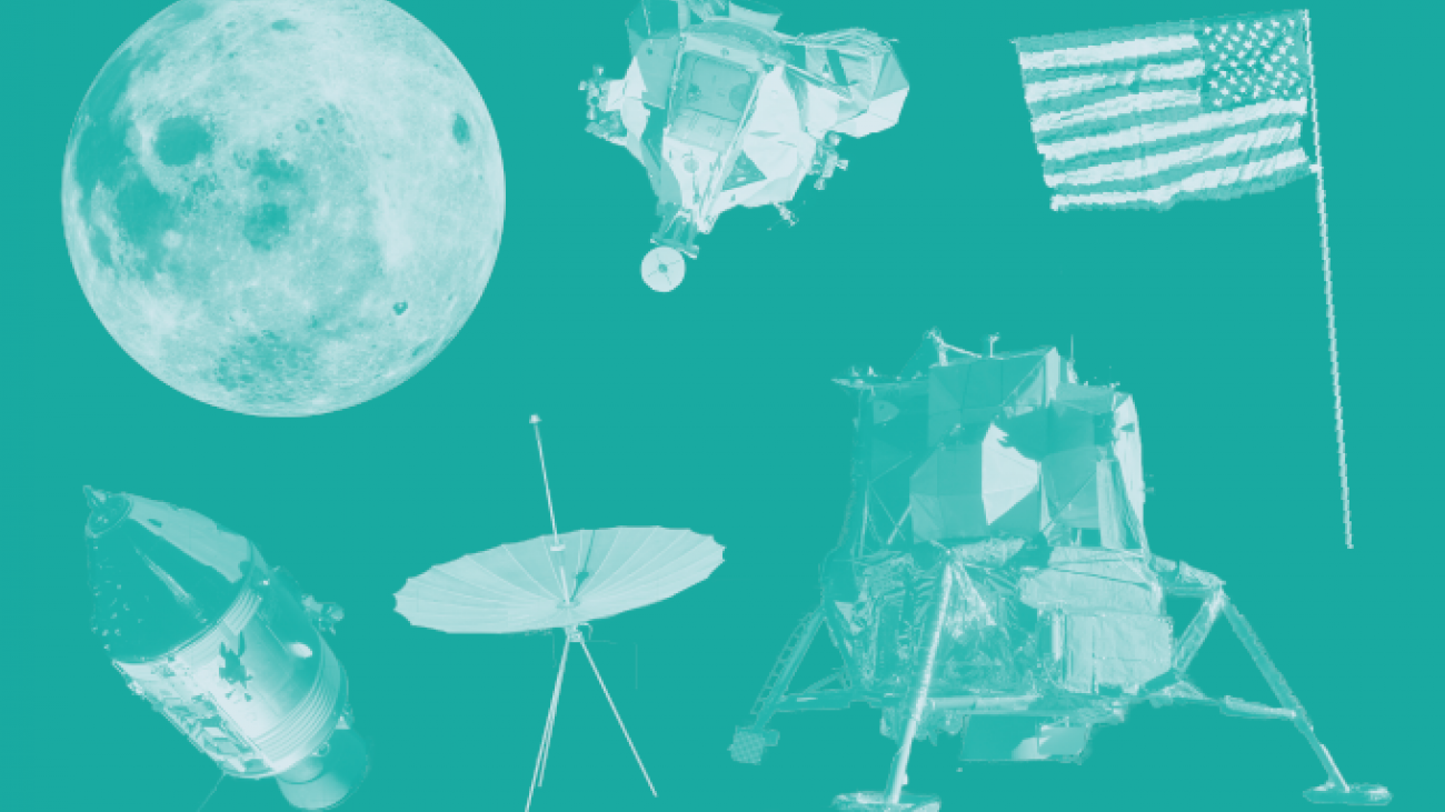 Illustration of moon, American flag, and space stations