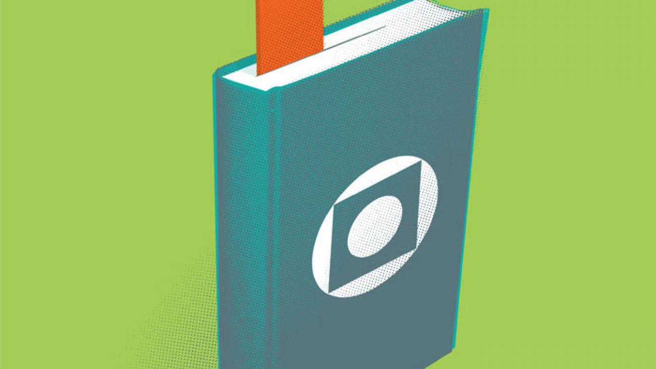 Graphic of a book with an arrow pointing up being used as a bookmark