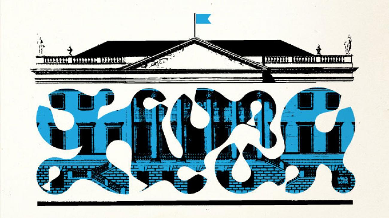 Illustration of large house with columns with blue design over the front.