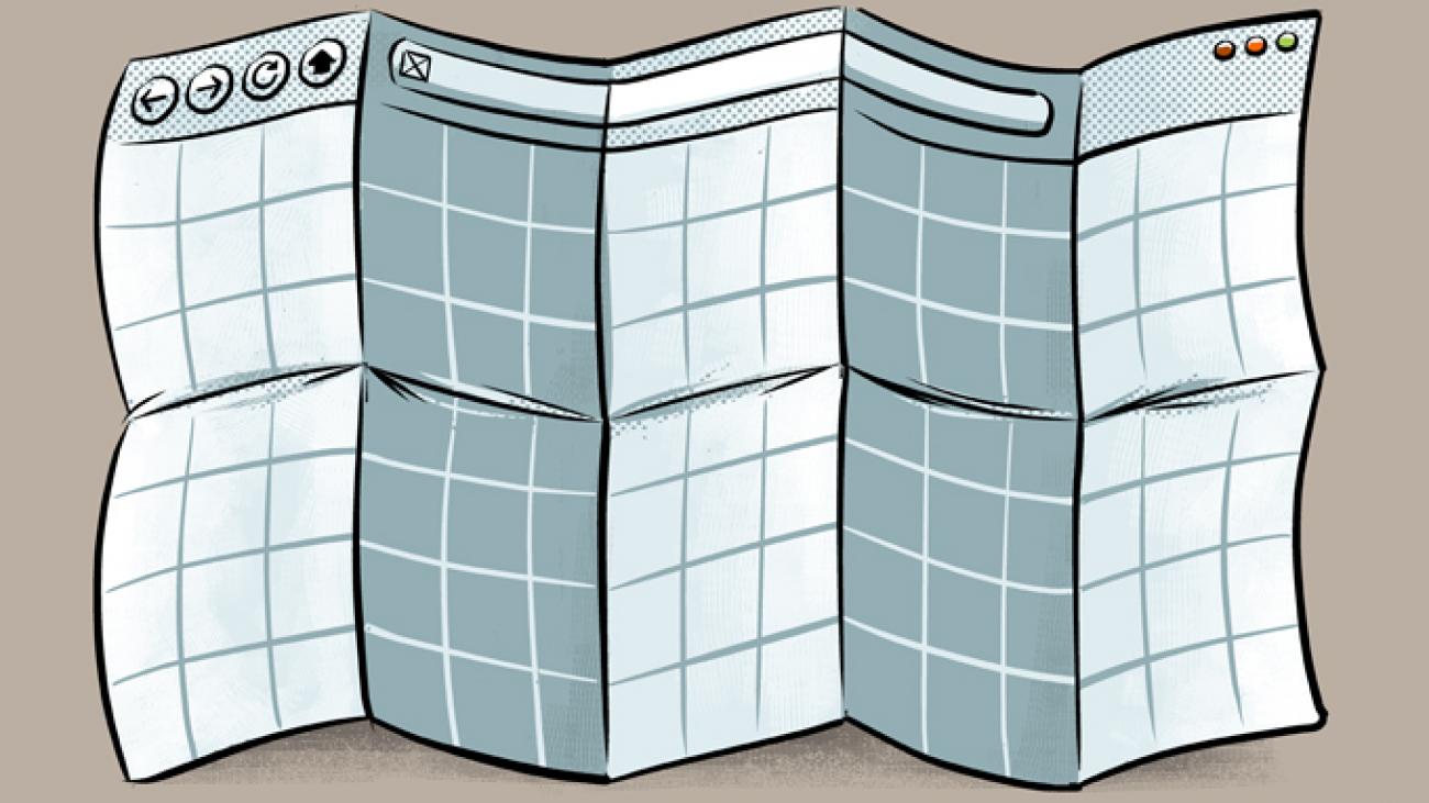 Illustration of browser window folded like a map with grid lines