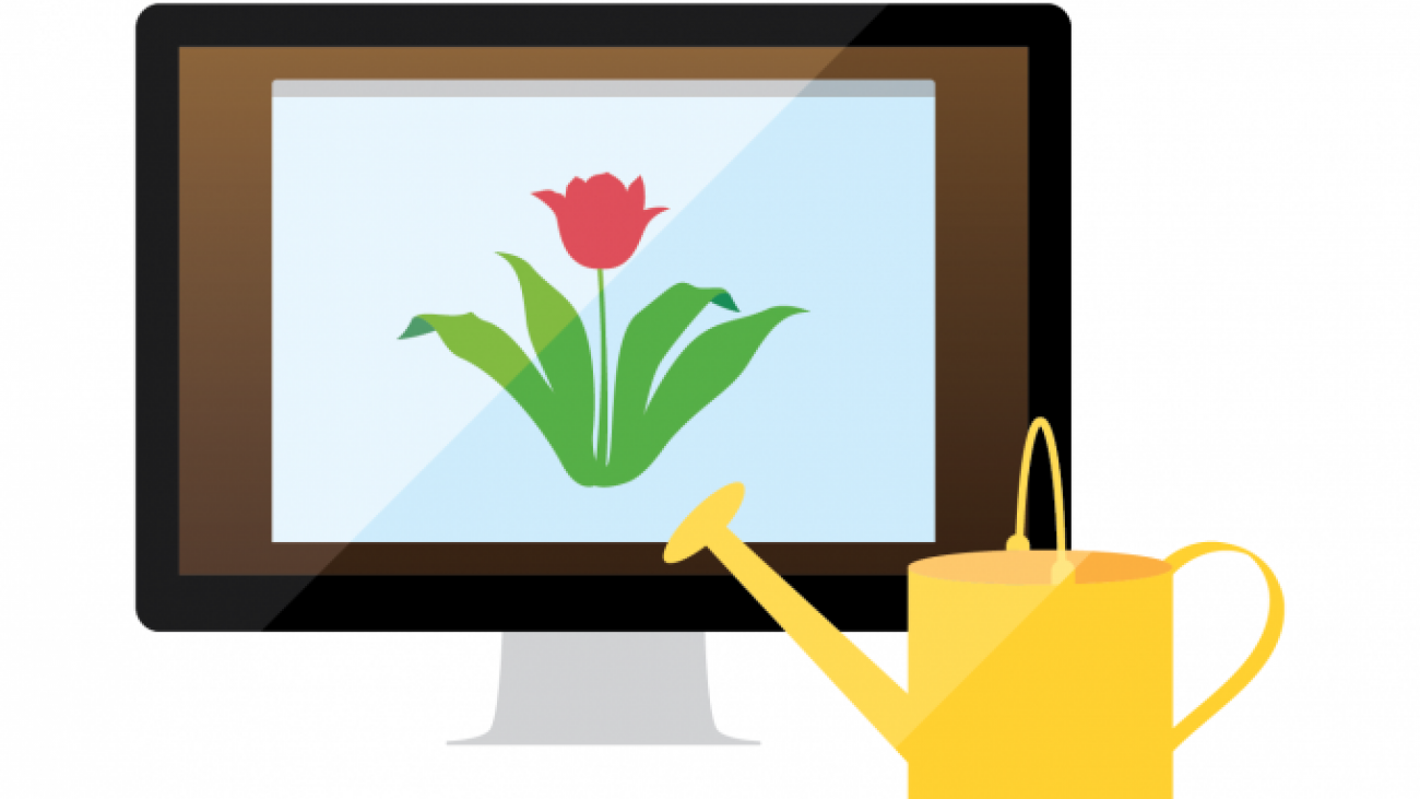 Illustration of desktop computer with flower on the screen and watering can next to it.