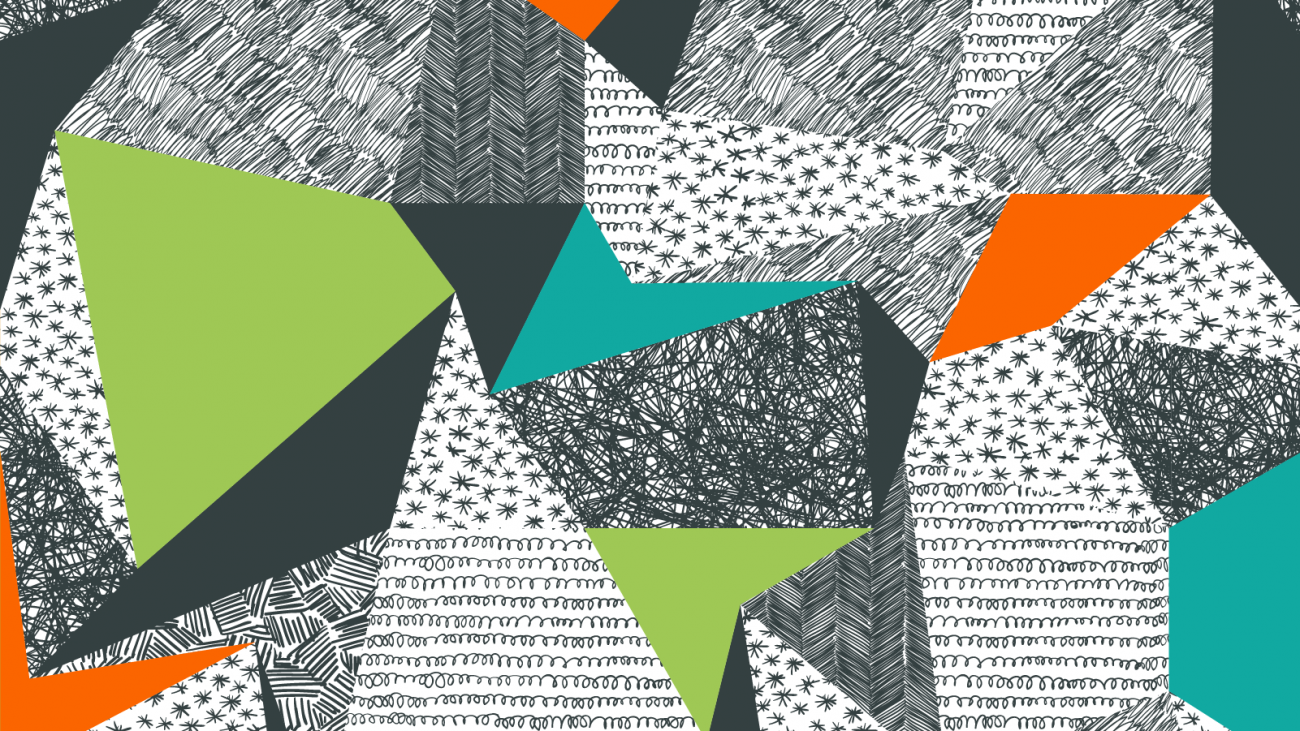 Illustration of triangular shapes in teal, green, orange and black
