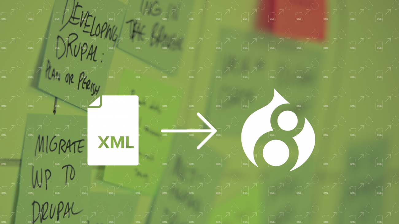 Icons of XML file, arrow, and Drupal 8 logo