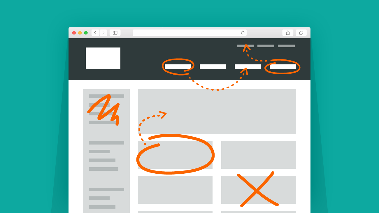 Illustration of hand-marked edits on wireframe of website