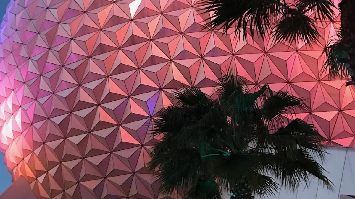Photo of Epcot's Spaceship Earth at dusk