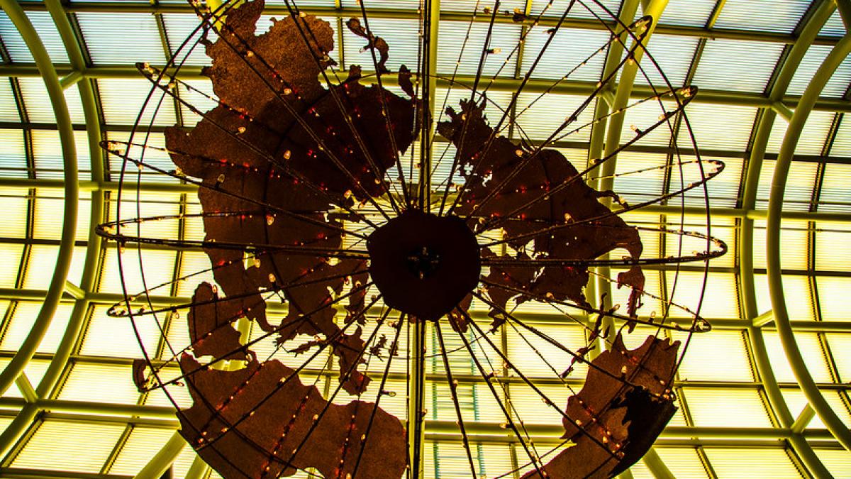 Photo of a sculpture at Chicago's O'Hare Airport depicting a map of the world.